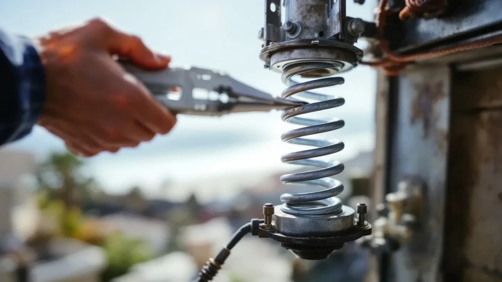 A close-up photograph of a technician's hand inspecting a heavily corroded galvanized steel garage door torsion spring o