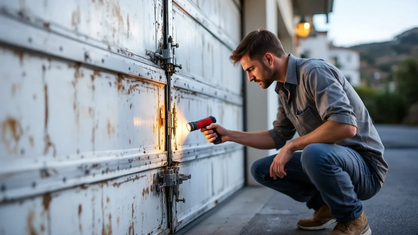 A technician in a work shirt crouching beside a weathered residential garage door on a Malibu coastal home, closely exam