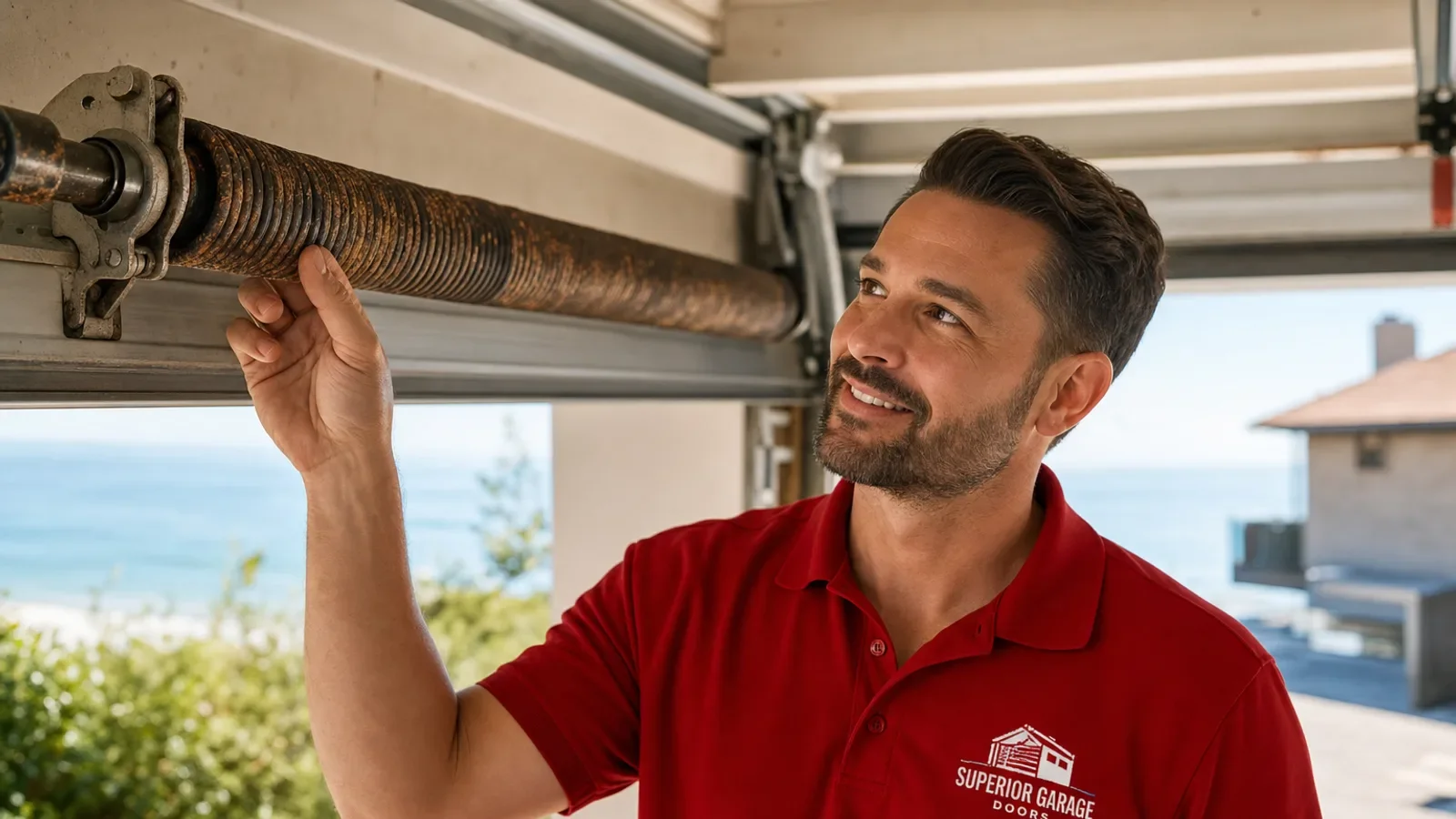 A close-up of a corroded steel torsion spring mounted above a residential garage door in a Malibu coastal home, with vis