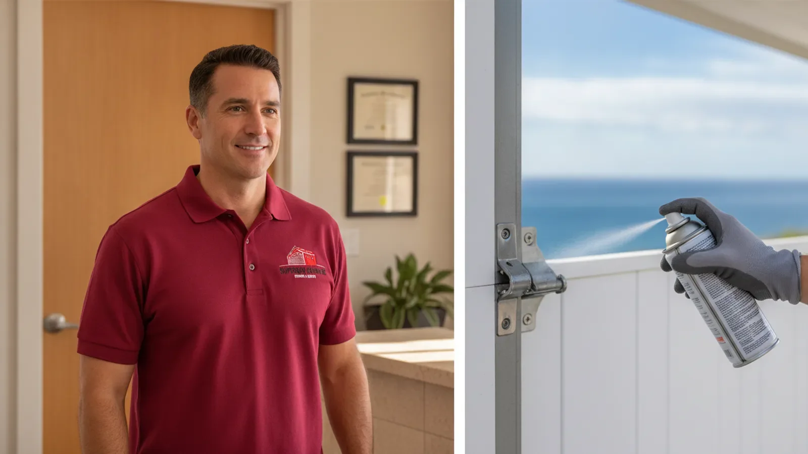 Service professional in branded polo sprays lubricant on door hinge near ocean view.