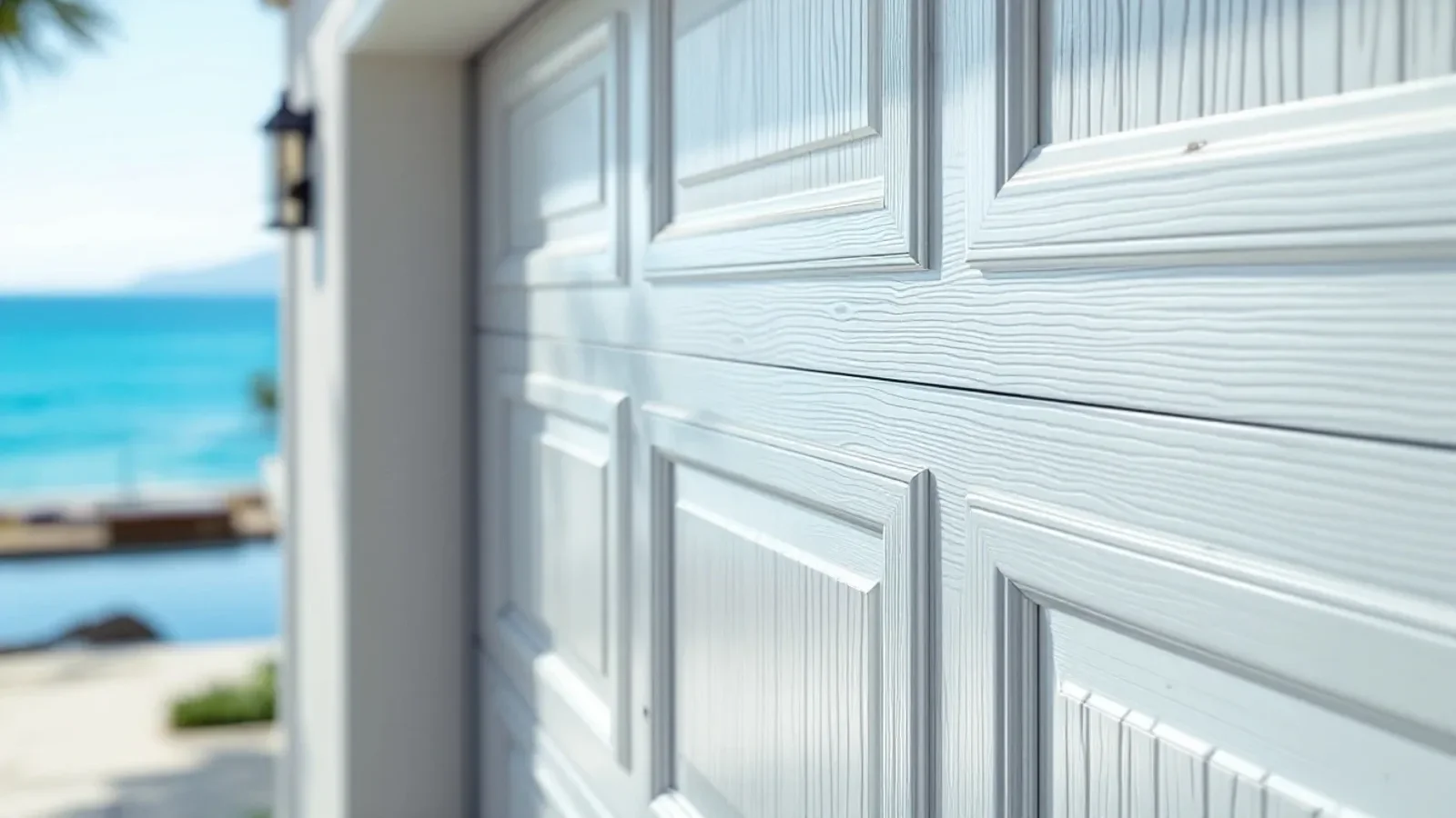 White garage door with ocean view in background at coastal home.